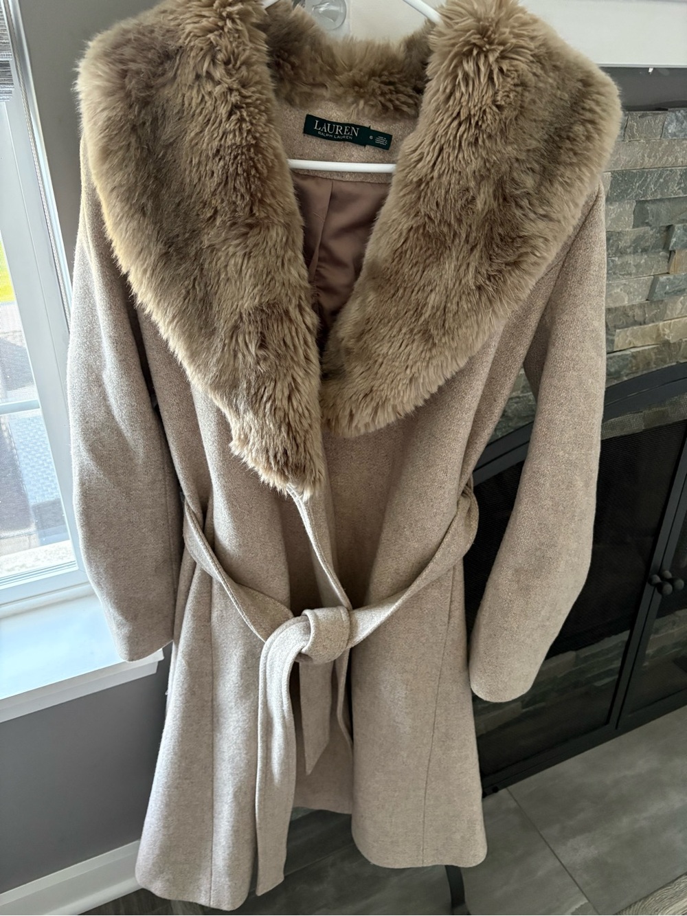 Lauren Ralph Lauren Taupe Wrap Trench Coat with Faux-Fur Collar